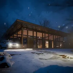 Snowy 3D Scene + villa + car