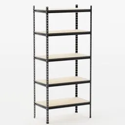 Detailed Blender 3D model of a 5-tier chipboard and painted steel shelf, with a 200 kg load per shelf.
