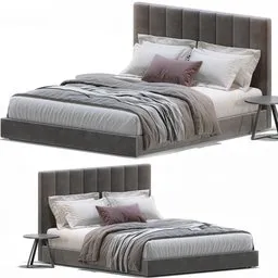 "Blender 3D model of the West Elm Emmett Low Profile Bed with a grey headboard and white and grey bed. The model is rendered in cycles and includes full body views, front and back. The bed is 220x178x115H in size and has a tired appearance with soft gradients."