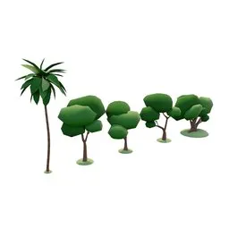 "Lowpoly Trees Set 01 - A versatile collection of 3D trees with accurate fictional proportions for conceptual environments and scenarios in Blender 3D. Featuring a mix of various sizes and styles, including a palm tree, this set is perfect for creating lush woodland locations, emoji-inspired 3D icons, and green terraces for mobile games."