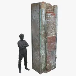 "Modern concrete pillar ruin 3D model, with albedo, normal, and rough textures for Blender 3D. Features photogrammetry and lowpoly design, perfect for virtual metaverse room creation and street scene installations. Front and side views available, with a rectangular shape and wear and tear details."