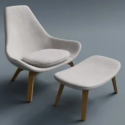 Highly detailed 3D model of a modern lounge armchair with ottoman, showcasing customizable fabric shaders for design flexibility.