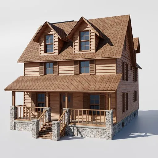 Detailed 3D model of a classic house with wooden shingles, porch, and steps, suitable for Blender rendering.