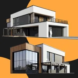 Highly detailed Blender 3D architectural visualization of a contemporary house with expansive glass windows and minimalist design.