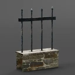 Detailed 3D model of a masonry wall with wrought iron railing for cemetery scenes, compatible with Blender.
