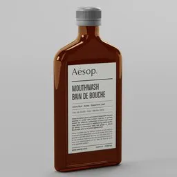 Realistic 3D model of a brown glass mouthwash bottle with label designed for Blender rendering.