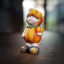 Photorealistic 3D model of a whimsical girl-pumpkin hybrid sculpture with high-resolution textures, designed in Blender.