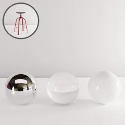 Sleek 3D studio scene showcasing reflective spheres with stool silhouette for creative design use.