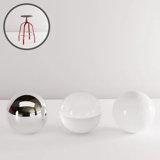 Sleek 3D studio scene showcasing reflective spheres with stool silhouette for creative design use.
