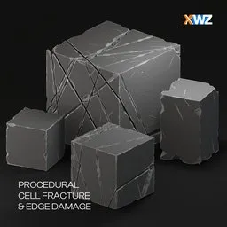 "Create intricate 3D models with the Procedural Cell Fracture & Edge Damage 3D model for Blender 3D. Featuring precise faces and polished bronze textures, this model can add realistic traffic accident damage and edge wear to your designs. Apply both procedural modifiers together for even more customization."