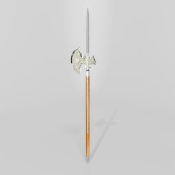 "Late Medieval ornate halberd 3D model for Blender 3D: A knight's weapon consisting of a long handle with an axe-shaped blade and sharp point, perfect for thrusting and slashing, rendered on Unreal 3D and showcasing intricate detail."
