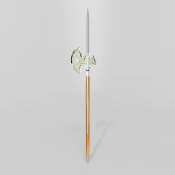 "Late Medieval ornate halberd 3D model for Blender 3D: A knight's weapon consisting of a long handle with an axe-shaped blade and sharp point, perfect for thrusting and slashing, rendered on Unreal 3D and showcasing intricate detail."
