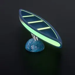 "Night Light Boat: A stunning 3D model for Blender 3D featuring a small blue surfboard with a green light, spaceship hull texture, and captivating lighting. Perfect for illuminating tables, shelves, or floors near switches or sockets. Enhance your Blender 3D experience with this visually appealing and versatile lighting option."