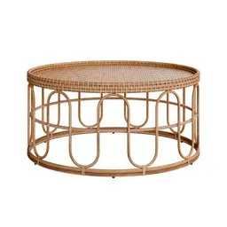 Realistic 3D model of circular rattan coffee table with intricate weaving, perfect for interior design renders in Blender.