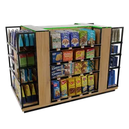 "3D rendered model of a Product Gondola 6 for shopping and retail scenes in Blender 3D. Features display shelves for snacks and cereals, matrix green lighting, and gas station interior. Ideal for adding realism to your retail-themed projects."