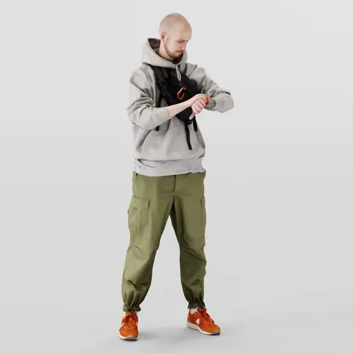 Detailed 3D Blender model of a young bald man in casual clothing checking his wristwatch.