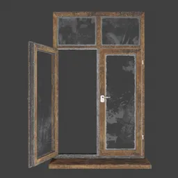 Realistic 3D wooden window model with open sash, detailed textures, and glass panels suitable for Blender rendering.