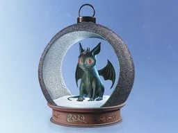 3D-rendered festive green dragon inside a snow globe with 2024 inscription, ideal for Blender 3D artists.