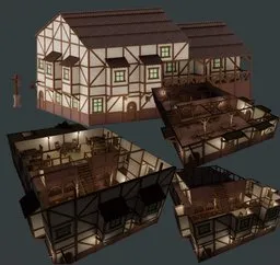 Lowpoly 3D model of a detailed tavern with exterior and furnished interior, optimized for Blender rendering.