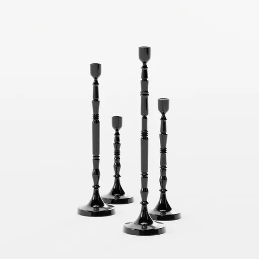 Set of four black metal taper candle holders in various heights, rendered in Blender 3D, showcasing streamlined design.