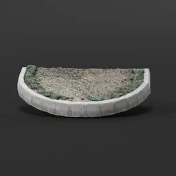 "Lowpoly 3D model of a round semi-corner with a small white bowl and green plant, featuring hyperrealistic textures and highly detailed rounded forms. Inspired by Jozef Israëls and Fedot Sychkov, this model includes a natural stone road and gray concrete landing pad. Perfect for exterior architectural visualizations in Blender 3D."