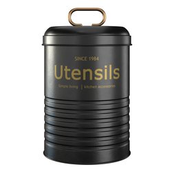 "Black metal kitchen utensil pot with gold lid and handle - realistic 3D model for Blender 3D. Sleek waterproof design perfect for storing pots and pans, sealed since 1989. Inspired by Albert Anker art, ideal for Trident and Penup apps or iOS app icons."