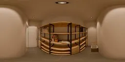 360-degree interior HDR image of a clean, minimalistic storage room with white walls, gray floor, and wooden shelving.