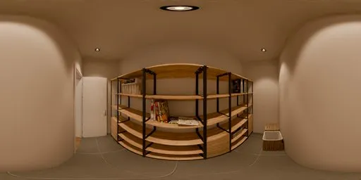 360-degree interior HDR image of a clean, minimalistic storage room with white walls, gray floor, and wooden shelving.