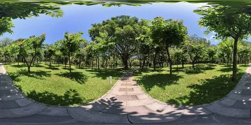 Lush green park panorama with vivid grass and pathway under clear skies for realistic scene illumination.