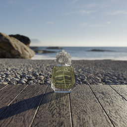Realistic 3D-rendered beach scene with detailed glass bottle on wooden deck and smooth rocks, created in Blender.