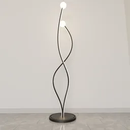 Elegant twisted 3D model of a modern floor lamp with illuminated bulb, ideal for Blender interior rendering.