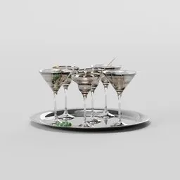 Realistic 3D-rendered cocktail glasses on tray for Blender visualization, clear detailing and textures.