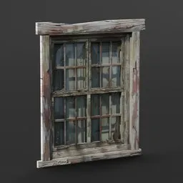 Detailed 3D render of a vintage wooden window with shattered panes, ideal for Blender projects.