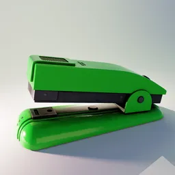 Detailed 3D rendering of a green office stapler, showcasing realistic texturing and lighting effects.