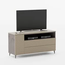3D rendered modern TV cabinet with electronics for Blender 3D projects, showcasing detailed texture and realism.