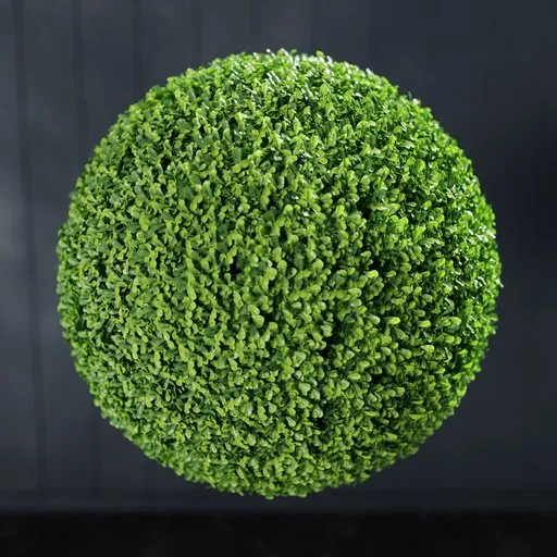 Detailed 3D model of a lush, green artificial Buxus ball with realistic textures for Blender renderings.