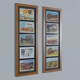 "Vintage Route 66 and Southwest USA themed postcards in oak frames, perfect for Blender 3D projects. Includes Tombstone, Flagstaff, Kingman (Arizona), Longhorn Ranch (New Mexico), and Frontier City (Oklahoma) postcards. Discover the charm of the American West with these meticulously designed 3D models."