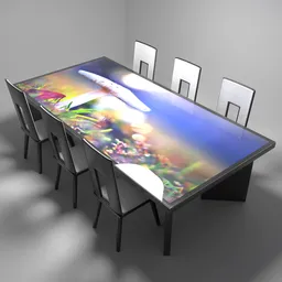"Modern dinner table 01: A sleek black wood table with a glass top and chairs in front of it. The chairs feature white leather cushions and the tabletop is engraved with a natural picture. Perfect for tabletop gaming or a stylish dinner setting in a meeting room."
