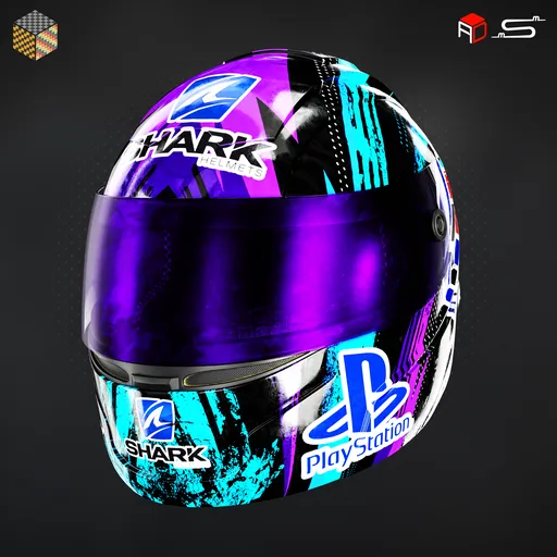Detailed 3D model of a vibrant purple racing helmet, part of a game-ready low poly series with high-quality 4k textures.