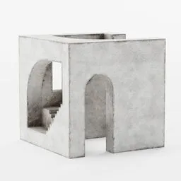 Alt text: "Abstract Stair C, a concrete sculpture of a small building with a staircase and a window, rendered in isometric 3D in Blender 3D. Featuring elements of Bauhaus design and abstract art, this unique stadium model boasts fine texture and detailed structure."
