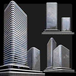 Futuristic Blender 3D model of a curved high-rise with striped facade and adaptable tower configurations.