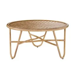 Intricately designed rattan coffee table 3D model with woven top and curved base for Blender rendering.