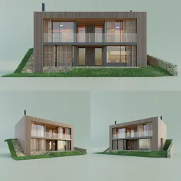 Low-poly 3D Blender model of a contemporary cottage with minimalist interior design and exterior greenery.