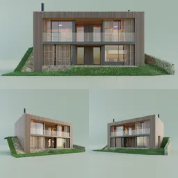 "Modern cottage 3D model for Blender 3D: Aenami Alena style house with grassy roof, balcony, and low poly furniture. High quality product image inspired by Frederik de Moucheron. Interiors included."