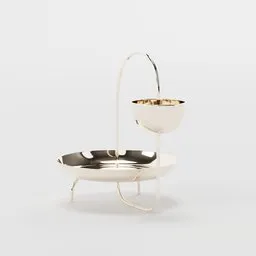 "Modern brass fruit bowl by Jahara Studio, a Blender 3D model. This sophisticated storage piece features a white and black plate with a striking golden stand, rendering a luxurious aesthetic. Perfect for adding elegance to any space."
