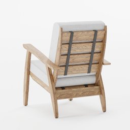 "Wooden Chair - 3D Model for Blender 3D: Furniture Category, Vue Render, Angular Asymmetrical Design. Perfect for Interior or Exterior Use. Inspired by Sigrid Hjertén's Style, Featuring White Cushion, Tonal Topstitching, and Unshaded Backfacing Detail."