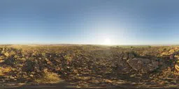 360-degree outdoor HDR panorama for realistic lighting in 3D scenes, featuring a clear sky with bright sun and rugged terrain.