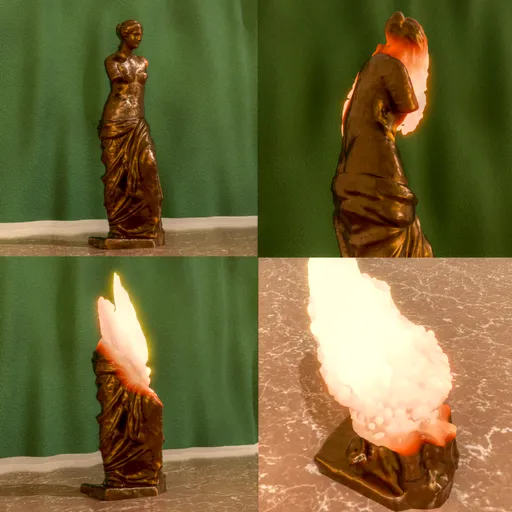 Detailed 3D melting effect on statue using Blender's geometry nodes, showcasing progressive stages of simulation.