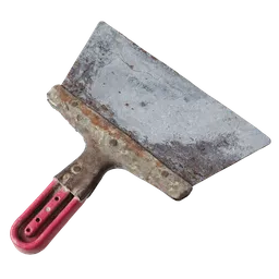"High-quality photorealistic metal spatula scan rendered in Blender 3D with a red handle. Perfect for DIY renovation scenes."