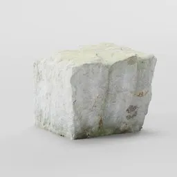 "Blender 3D model of a stone featuring a large, lumion-rendered rock on a table with a pearlescent white surface and a solid white background. This environment elements category model showcases mossy stone with sparse floating particles, giving it a unique aesthetic. Perfect for noise rock album covers or adding a natural element to your 3D designs in 2019."